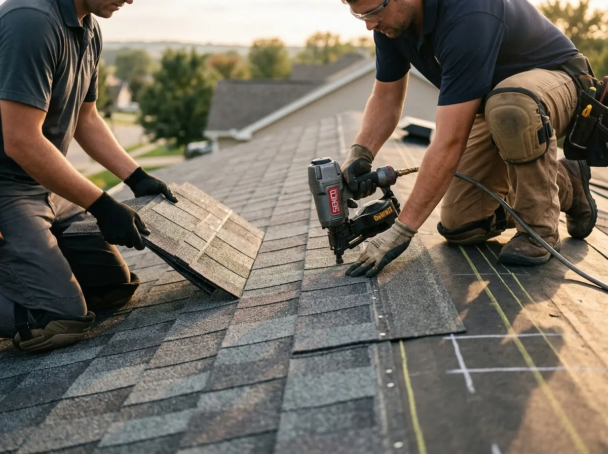 Professional roofer working on a residential roof in Watertown